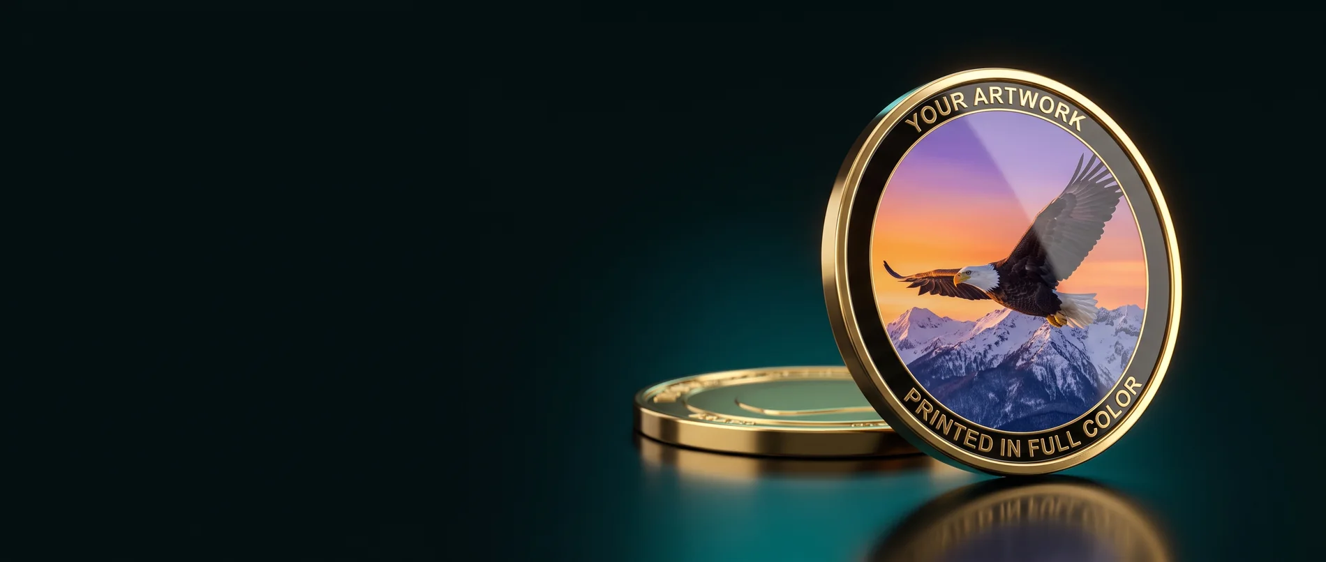 A full-color UV printed coin standing at an angle, showing its polished gold edge
